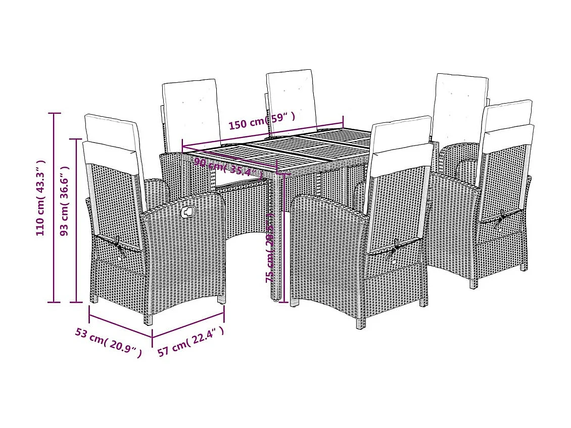 Ensemble à manger de jardin et coussins 7 pcs gris rotin