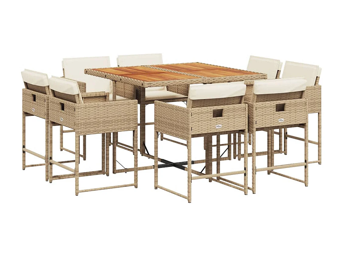Set da Pranzo da Giardino 9 pz con Cuscini Beige in Polyrattan