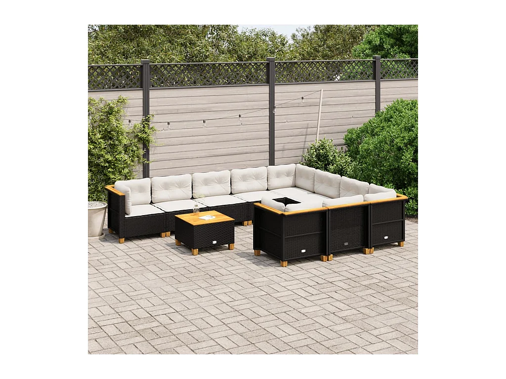 Set de sofás de jardín 11 pzas y cojines ratán sintético negro