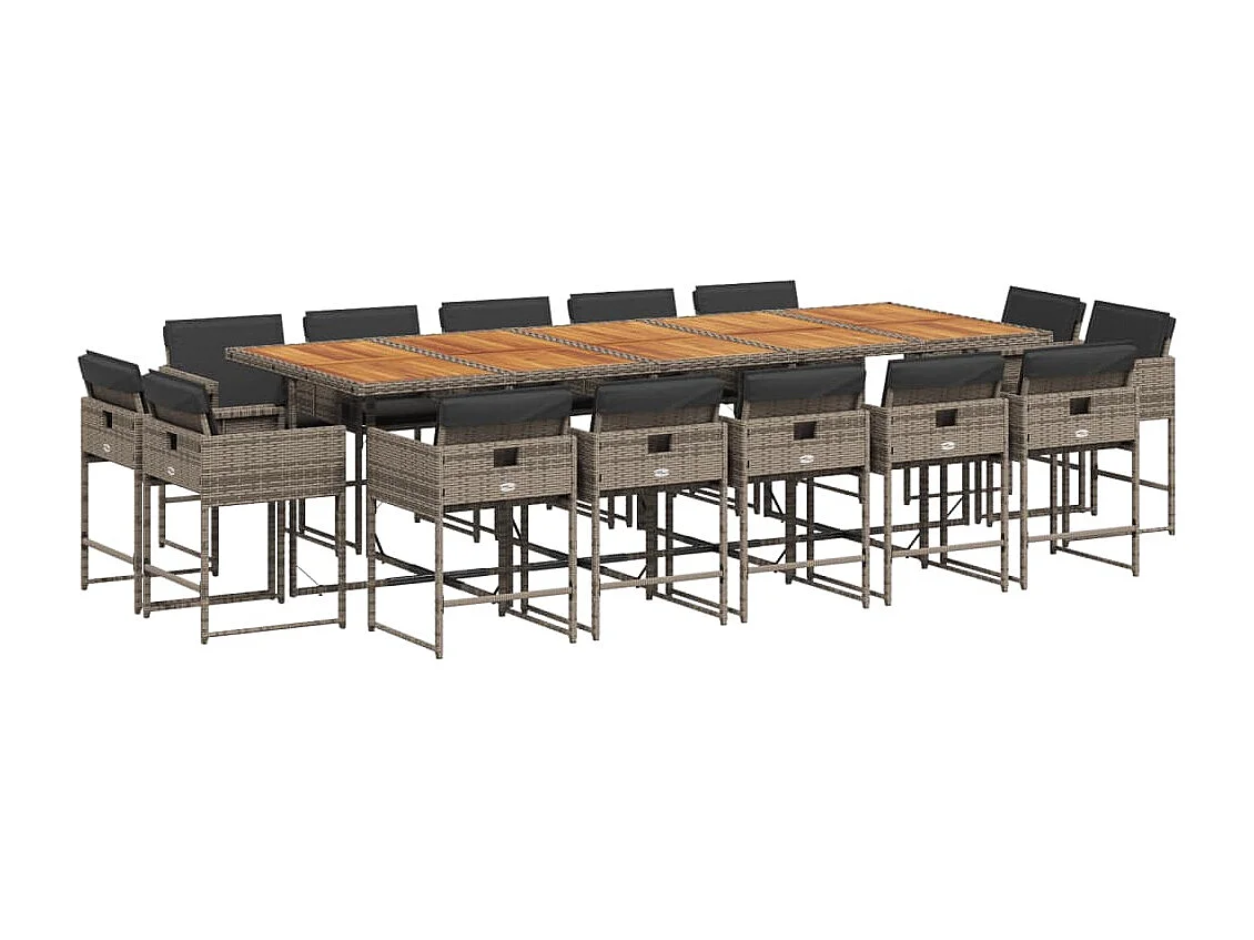 Set da Pranzo da Giardino 15 pz con Cuscini Grigio Polyrattan