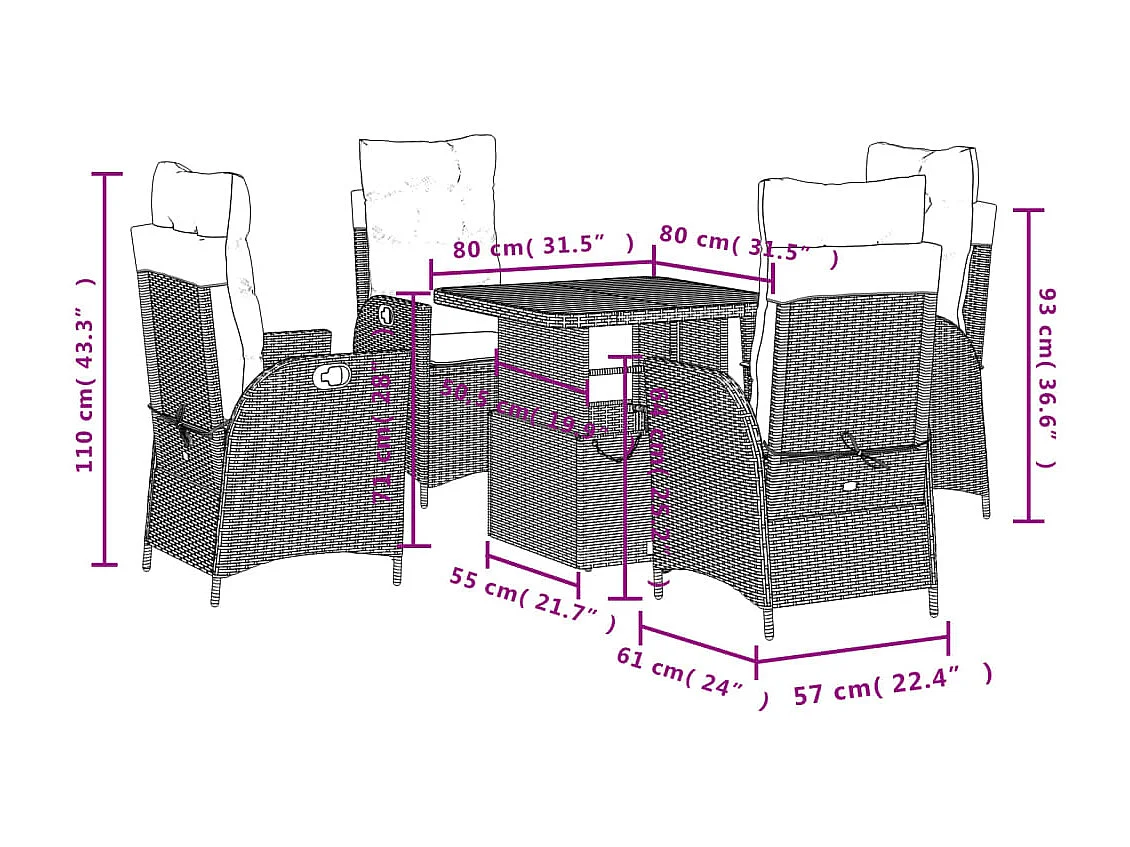 Set de muebles jardín 5 pzas con cojines ratán sintético negro