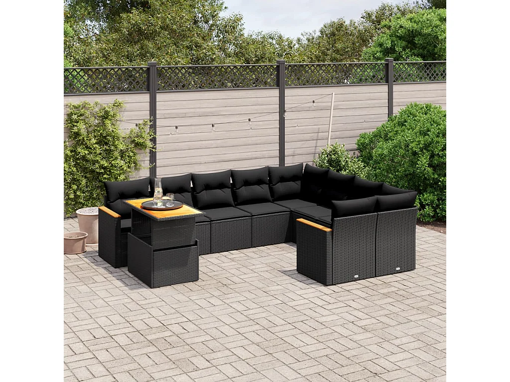 Salon de jardin 10 pcs avec coussins noir résine tressée