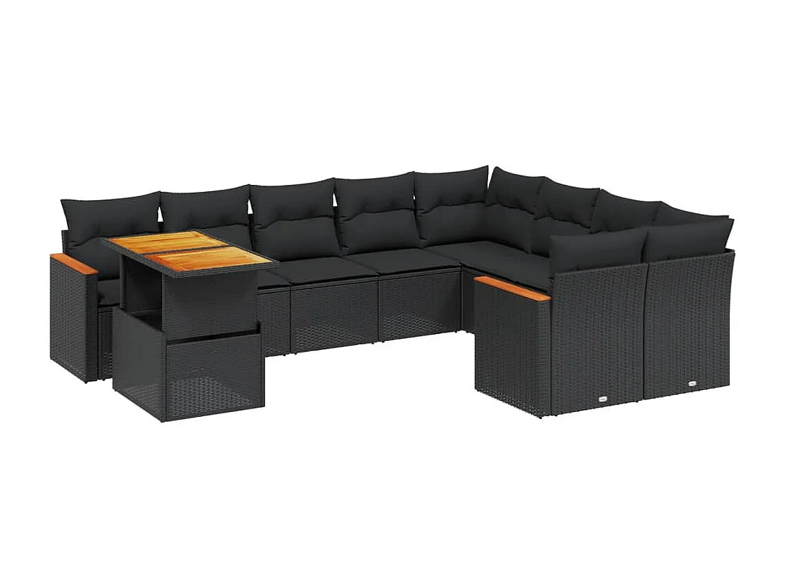 Salon de jardin 10 pcs avec coussins noir résine tressée