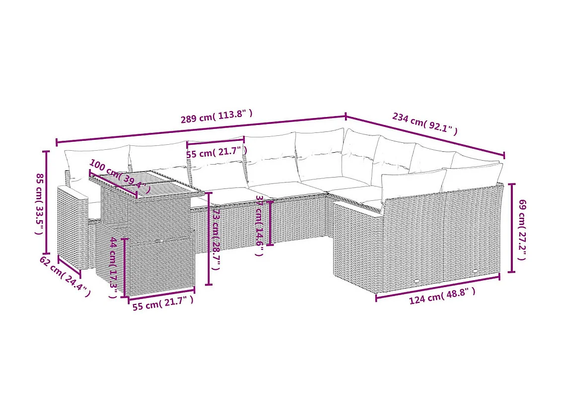 Salon de jardin 10 pcs avec coussins noir résine tressée