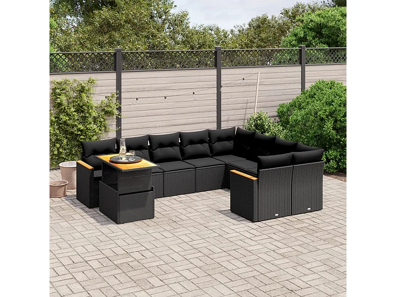 Salon de jardin 10 pcs avec coussins noir résine tressée