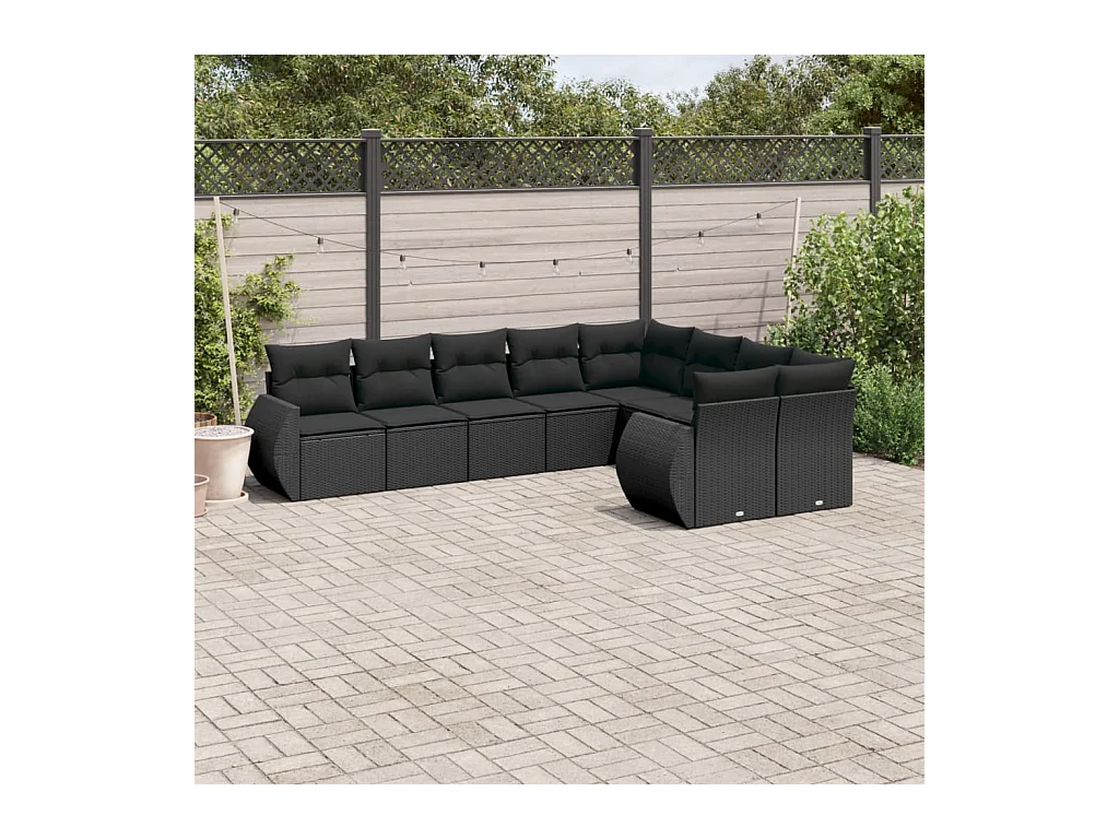 9 pcs conjunto de sofás p/ jardim c/ almofadões vime PE preto