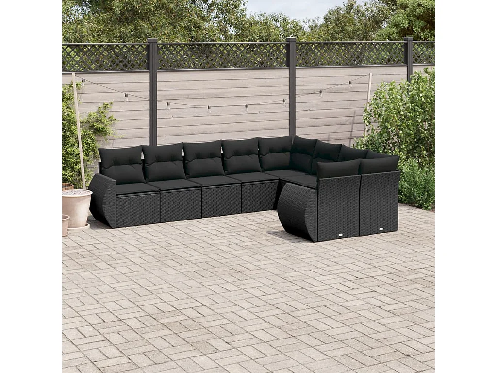 9-delige Loungeset met kussens poly rattan zwart