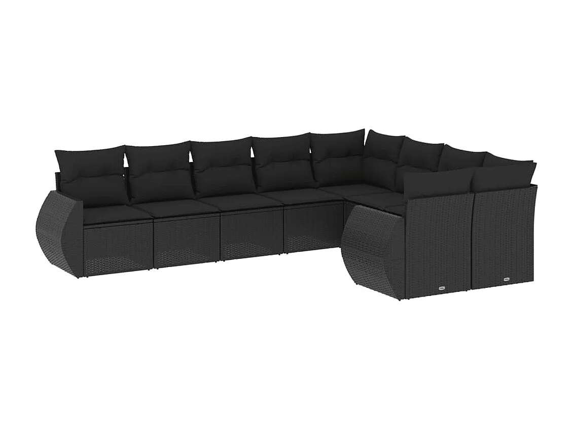 9-delige Loungeset met kussens poly rattan zwart