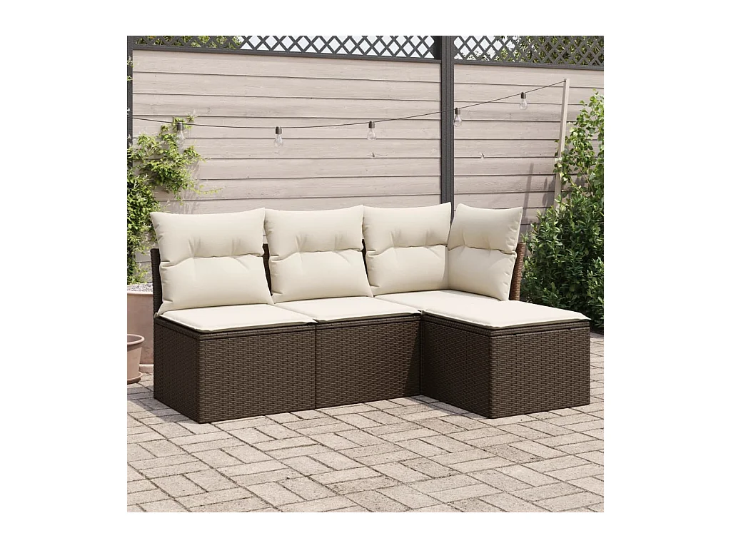 Set Divano da Giardino 4 pz con Cuscini Marrone in Polyrattan