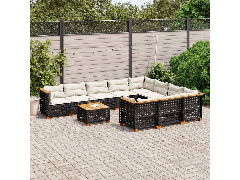 Set de sofás de jardín 11 pzas y cojines ratán sintético negro
