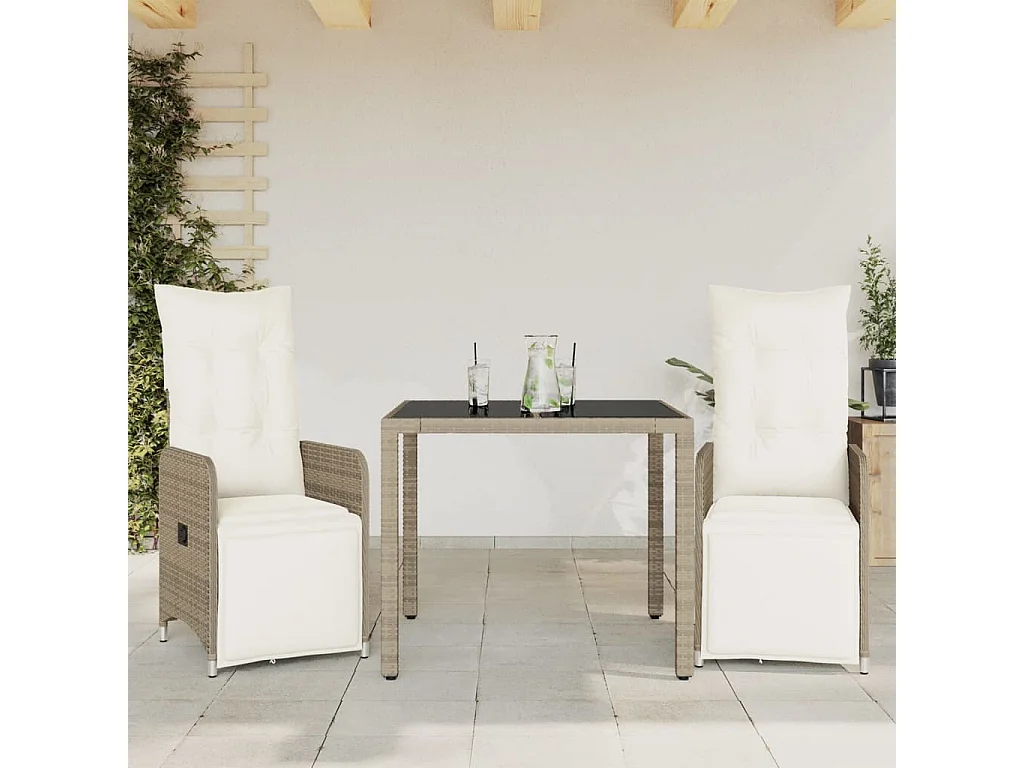 3 pcs conjunto bistrô de jardim c/ almofadões vime PE castanho