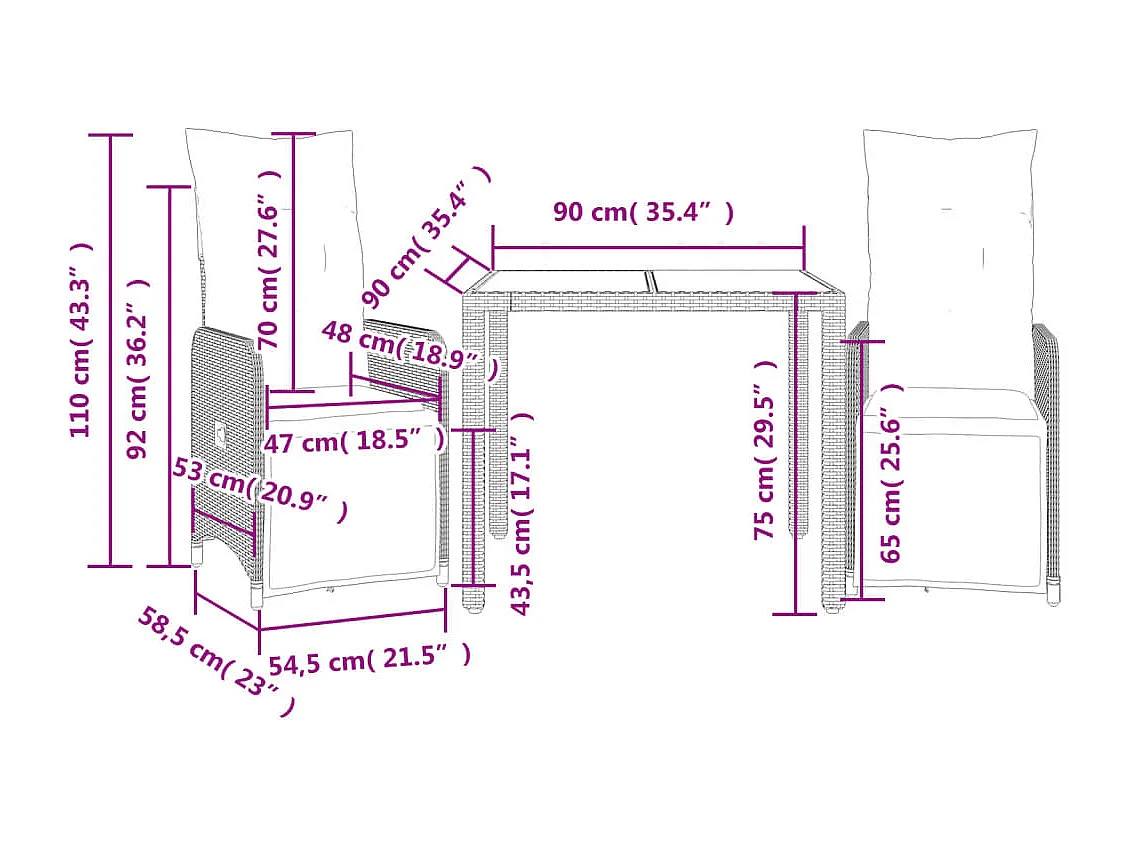 Set Bistrò da Giardino 3 pz con Cuscini in Polyrattan Marrone