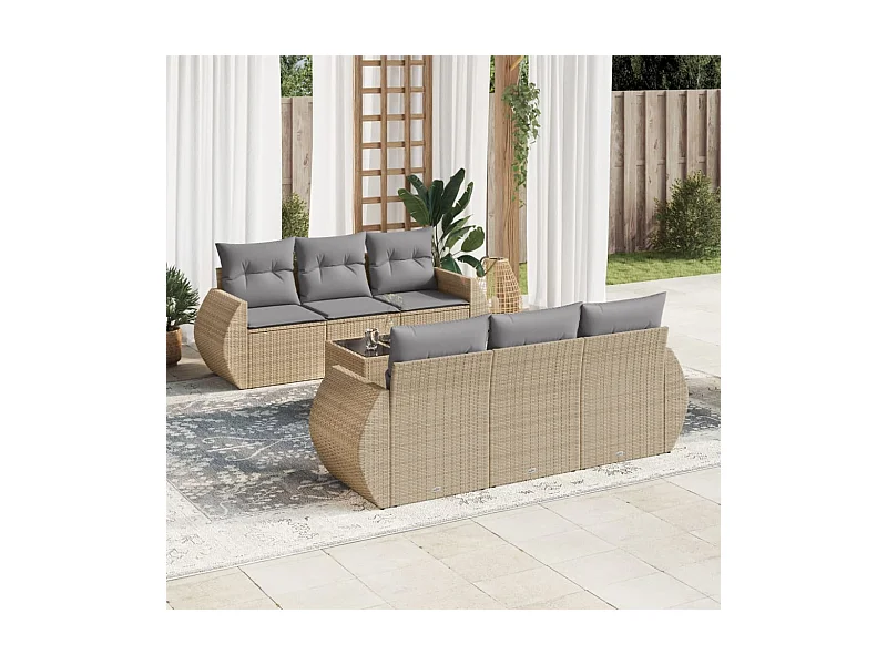 Salon de jardin avec coussins 7 pcs beige résine tressée