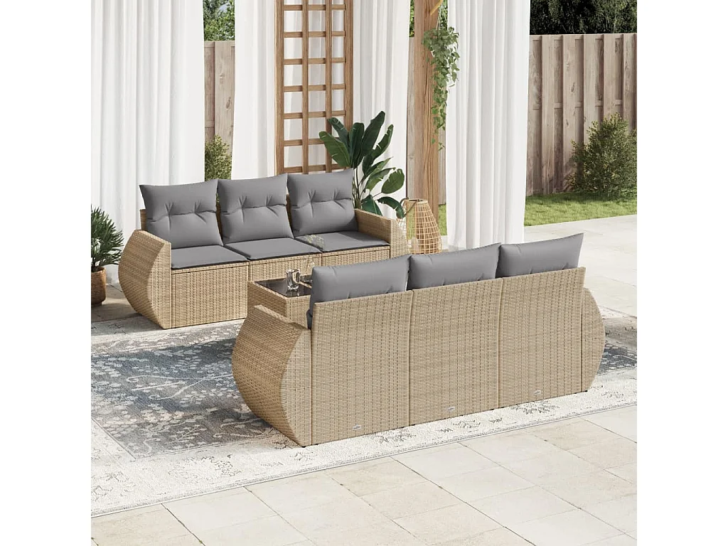 Salon de jardin avec coussins 7 pcs beige résine tressée