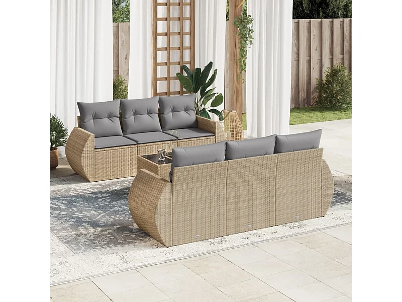 Set Divani da Giardino 7 pz con Cuscini Beige in Polyrattan