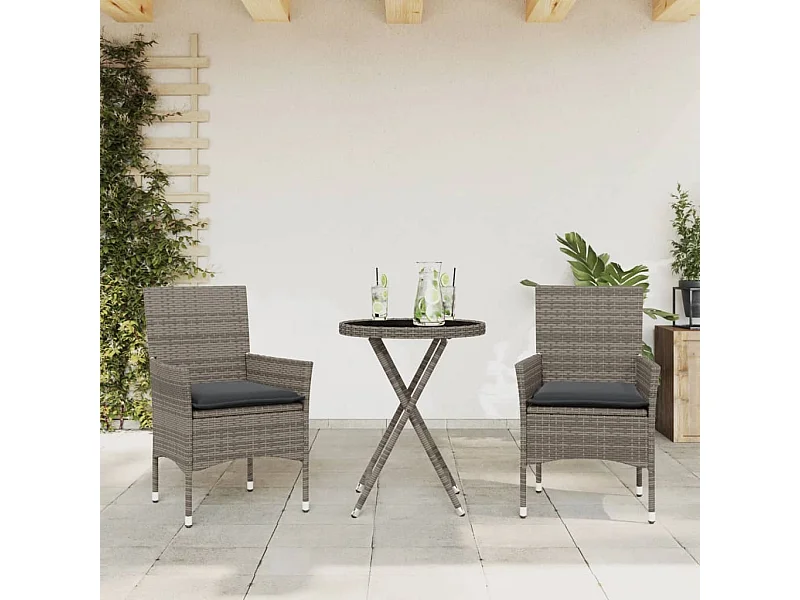 Ensemble de bistro avec coussins 3 pcs gris rotin et verre