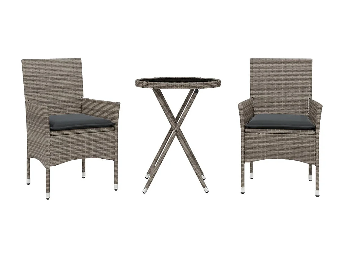 Ensemble de bistro avec coussins 3 pcs gris rotin et verre