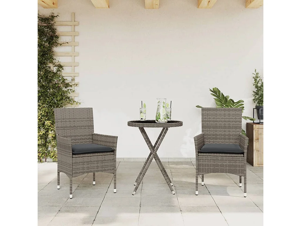 Ensemble de bistro avec coussins 3 pcs gris rotin et verre