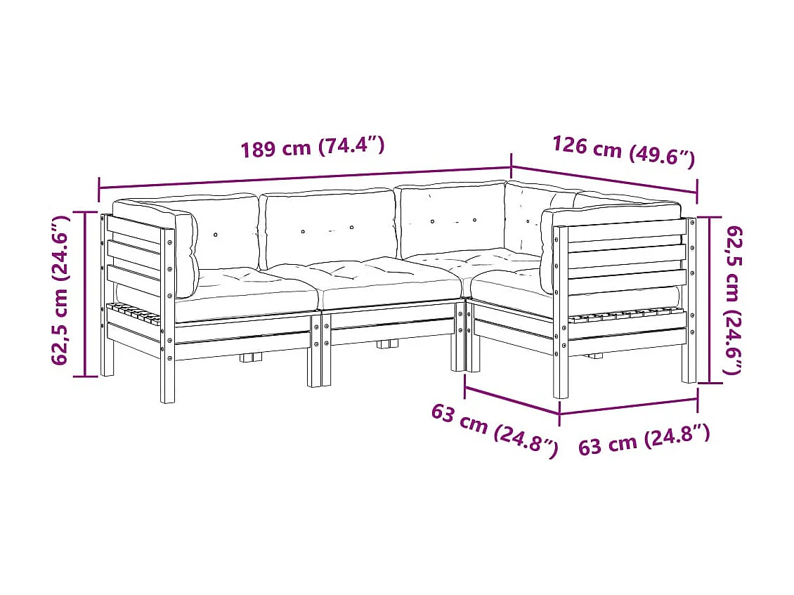 Salon de jardin 4 pcs avec coussins cire marron bois pin massif