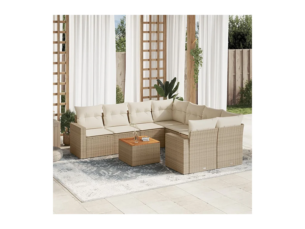 Set Divano da Giardino 9 pz con Cuscini Beige in Polyrattan