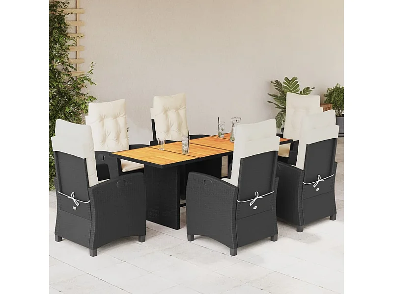 Ensemble à manger de jardin coussins 7pcs Noir Résine tressée