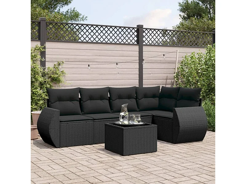 Set de sofás de jardín 6 piezas y cojines ratán sintético negro