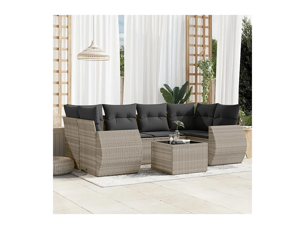Salon de jardin avec coussins 7 pcs gris clair résine tressée