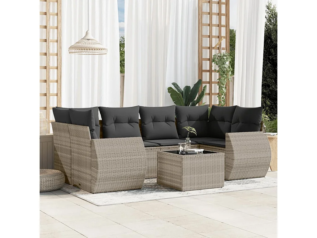 7 pcs conj. sofás jardim com almofadões vime PE cinzento-claro