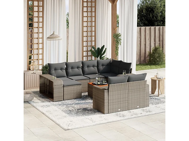 Set de sofás de jardín 11 pzas y cojines ratán sintético gris