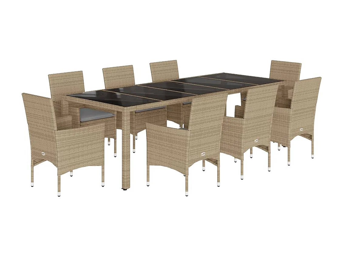 9-tlg. Garten-Essgruppe mit Kissen Beige Poly Rattan Glas