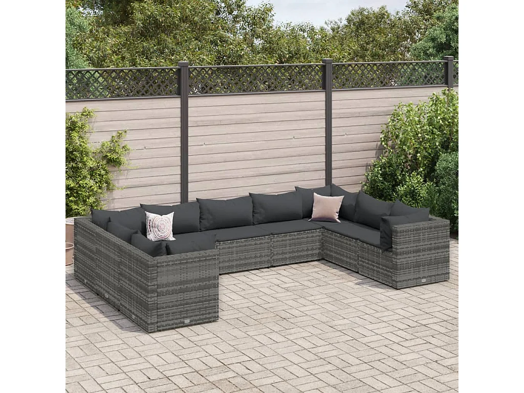 Salon de jardin 9 pcs avec coussins Gris Résine tressée