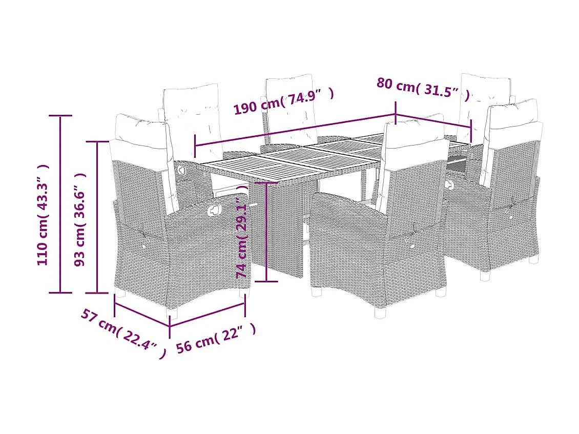 Ensemble à manger de jardin coussins 7pcs Noir Résine tressée