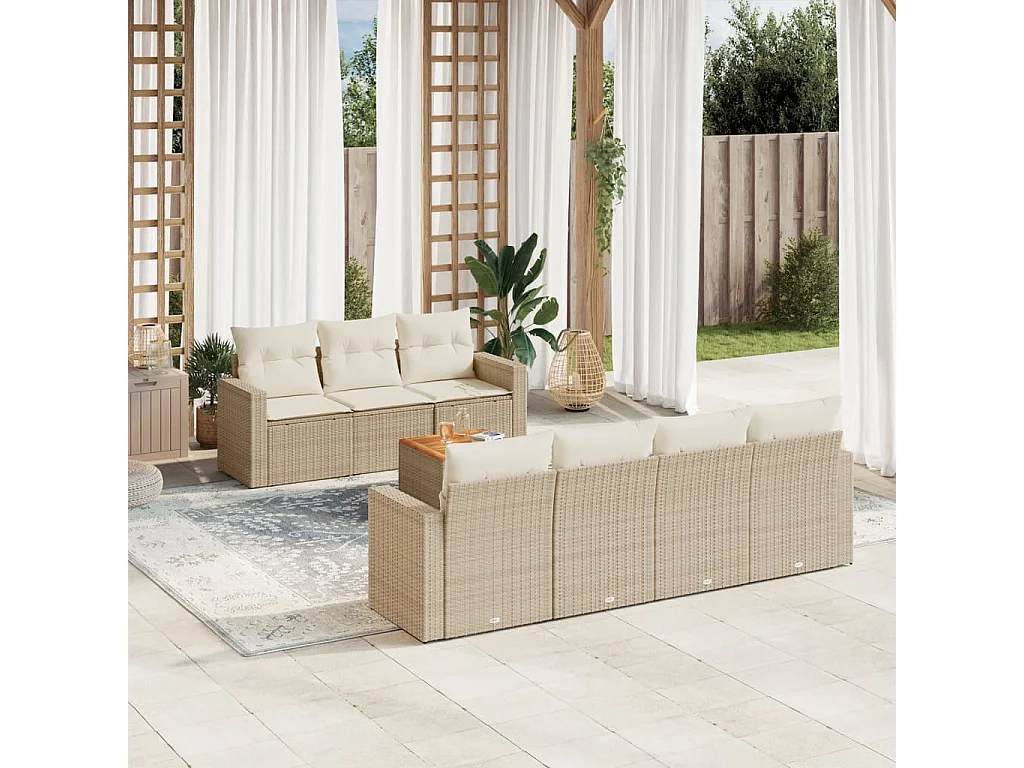 Salon de jardin avec coussins 8 pcs beige résine tressée