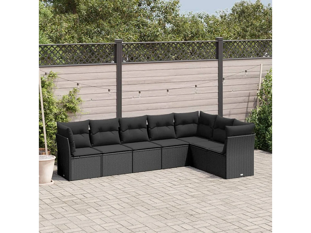7 pcs conjunto de sofás p/ jardim c/ almofadões vime PE preto