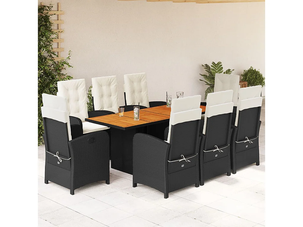 Ensemble à manger de jardin 9pcs coussins noir résine tressée