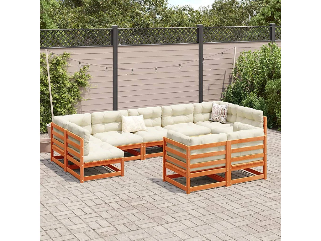 Salon de jardin 9 pcs avec coussins marron cire bois pin massif