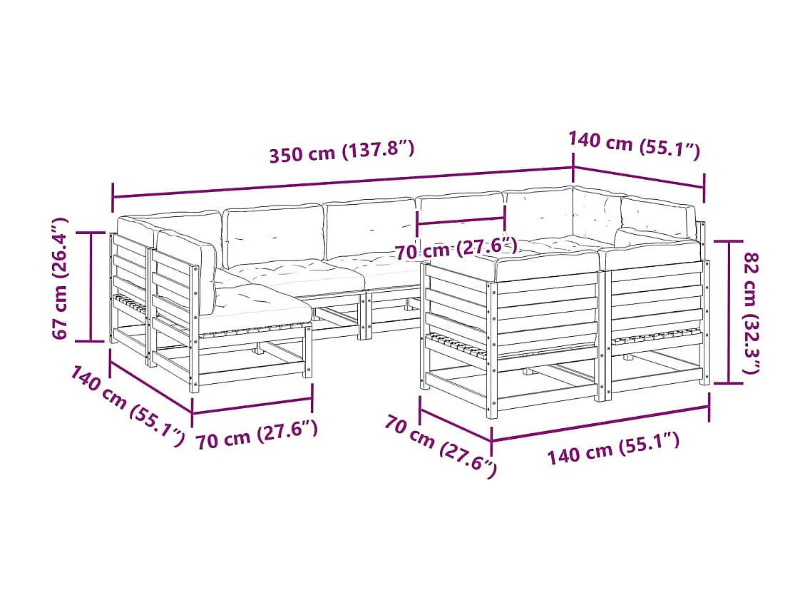 Salon de jardin 9 pcs avec coussins marron cire bois pin massif