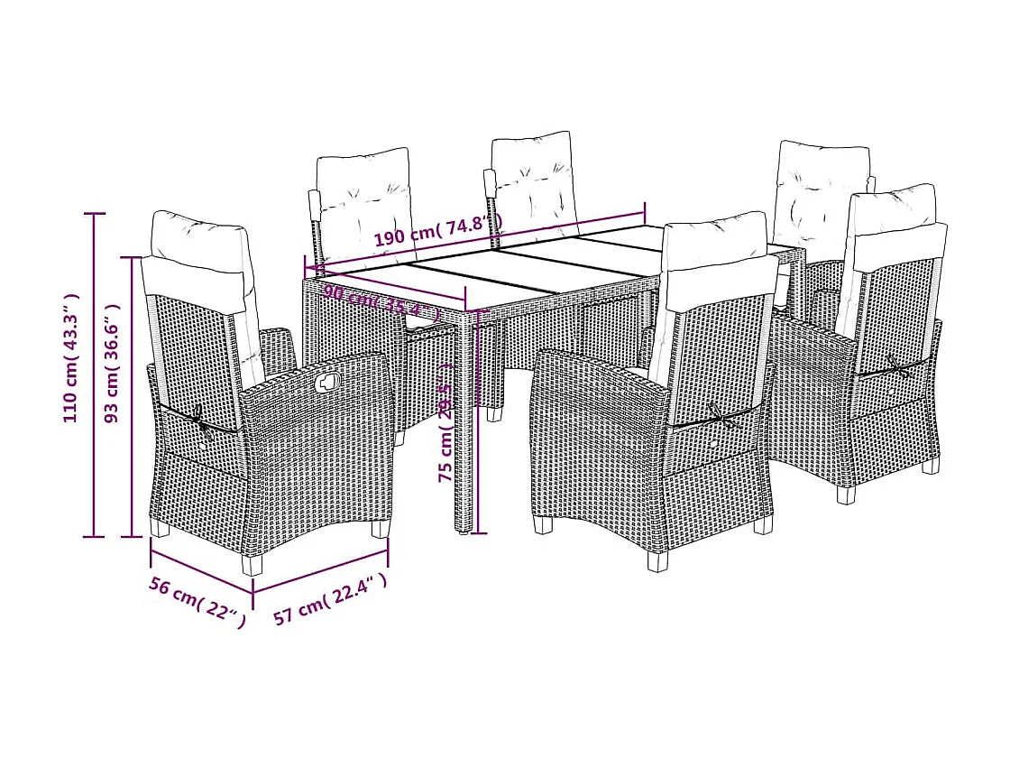 Set de comedor de jardín 7 pzas y cojines ratán sintético negro
