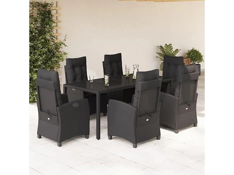 7-tlg. Garten-Essgruppe mit Kissen Schwarz Poly Rattan
