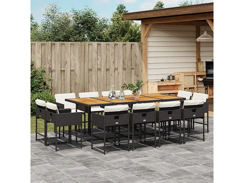 Set da Pranzo da Giardino 13pz con Cuscini Nero in Polyrattan