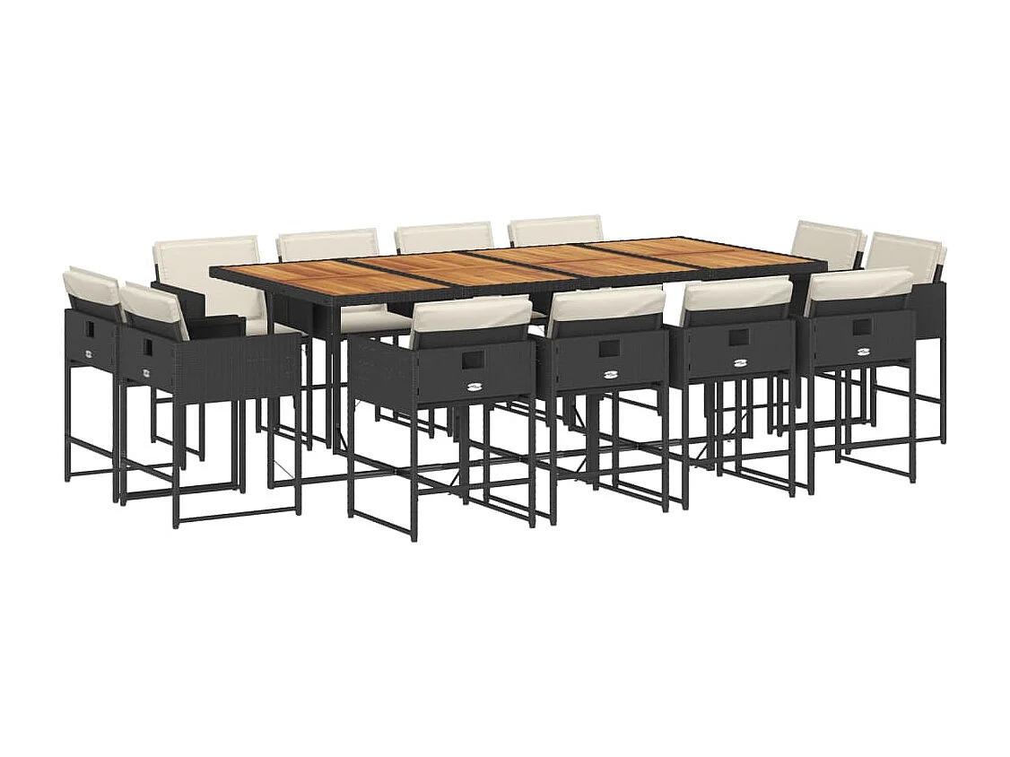 Set da Pranzo da Giardino 13pz con Cuscini Nero in Polyrattan