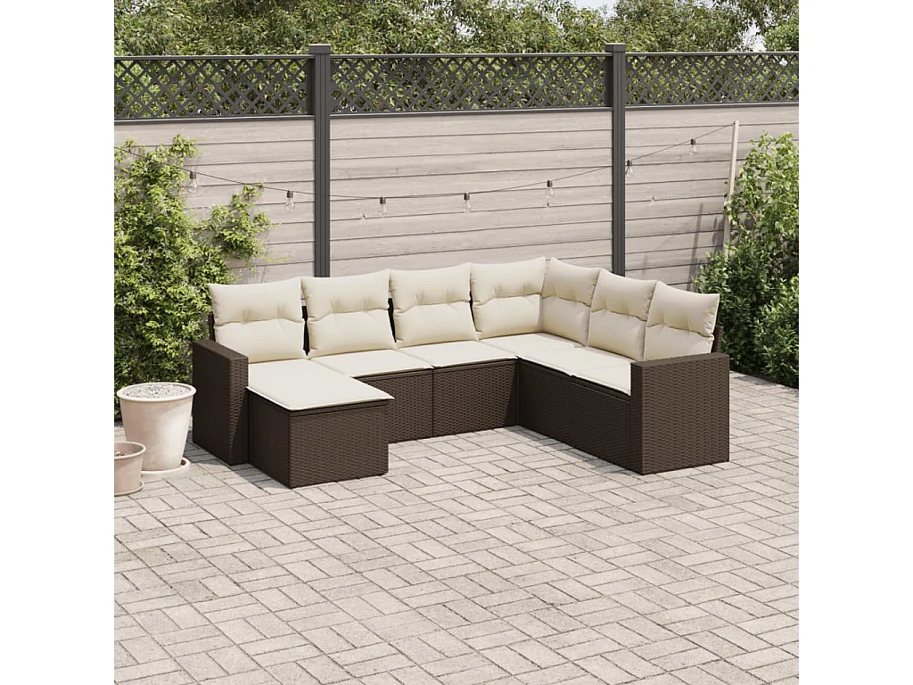 Set Divani da Giardino 7 pz con Cuscini Marrone in Polyrattan