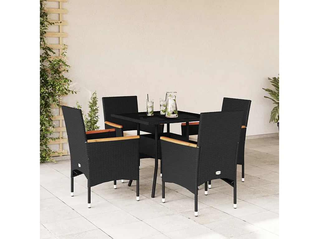 Ensemble à manger de jardin et coussins 5 pcs noir rotin verre