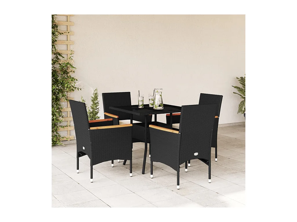 Ensemble à manger de jardin et coussins 5 pcs noir rotin verre