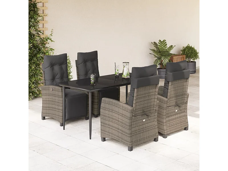 Set da Pranzo da Giardino 5 pz con Cuscini in Polyrattan Grigio