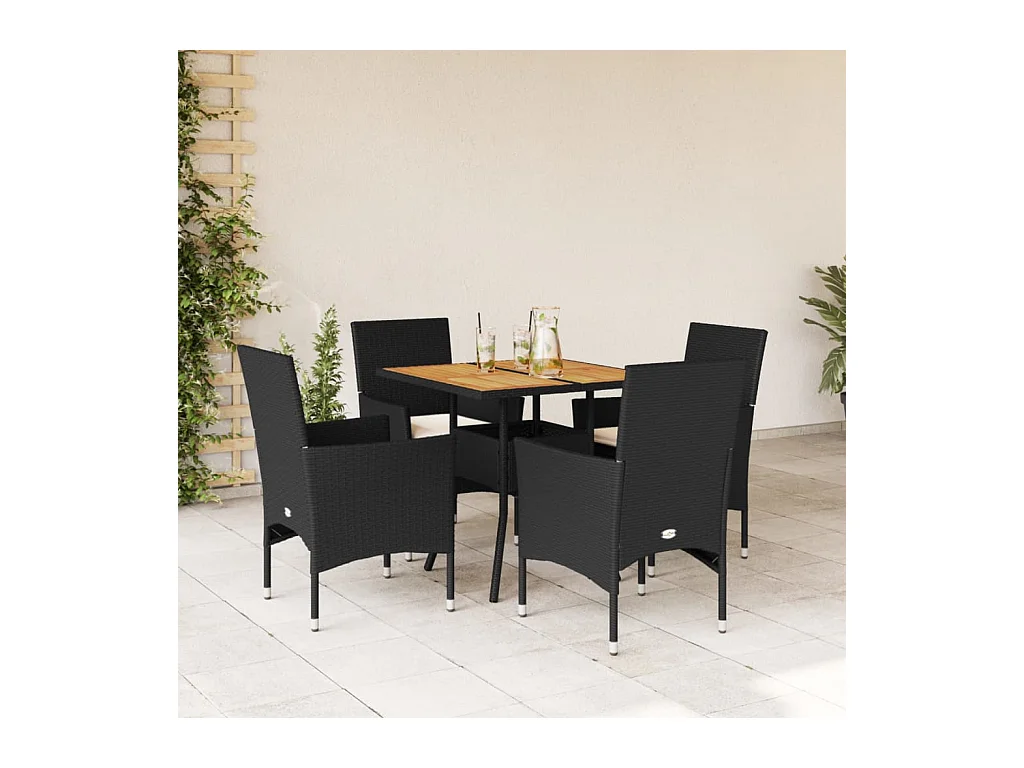 Ensemble à manger de jardin et coussins 5 pcs noir rotin acacia