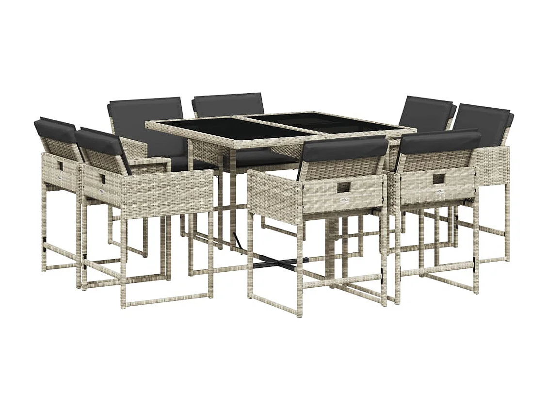 Set Pranzo da Giardino 9pz con Cuscini Grigio Chiaro Polyrattan