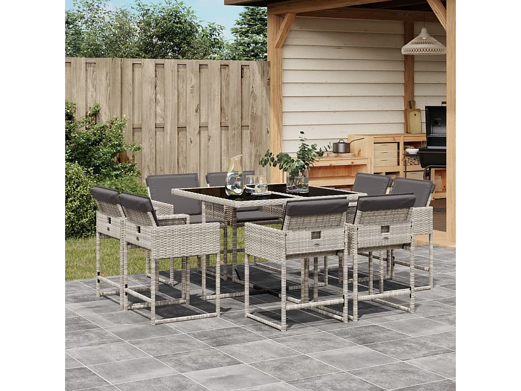 Set Pranzo da Giardino 9pz con Cuscini Grigio Chiaro Polyrattan