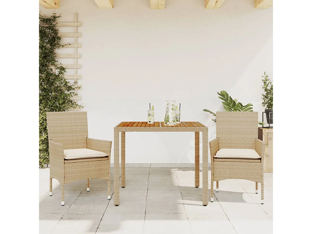 Set Pranzo da Giardino 3 pz con Cuscini Beige Polyrattan Acacia