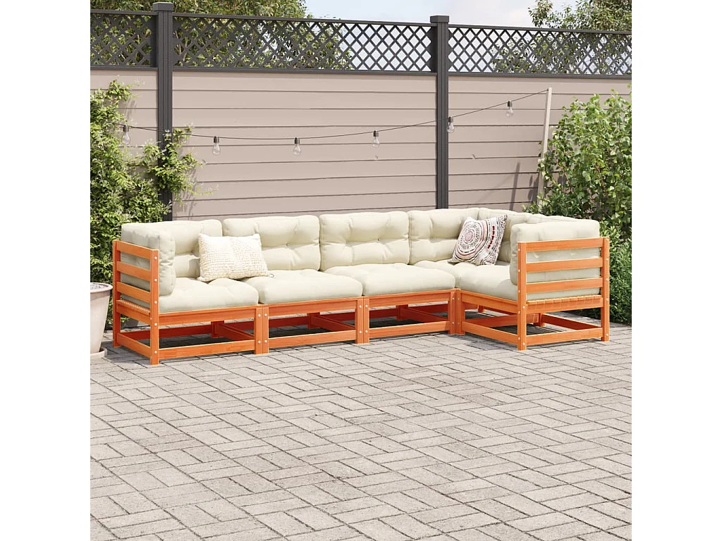 Set Divani Giardino 5pz con Cuscini Marrone Cera Massello Pino